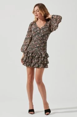 Long Sleeve Tiered Ruffle Floral Dress 12 Long Sleeve Tiered Ruffle Floral Dress -Chic Outfit Shop ADR100747 BLACKMULTIFLORAL 2