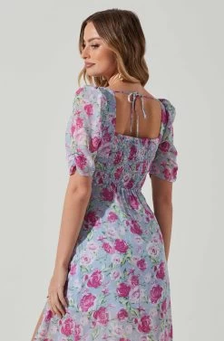 Floral Front Slit Milkmaid Midi Dress -Chic Outfit Shop ADR100913 BLUEMAGENTAFLORAL 5