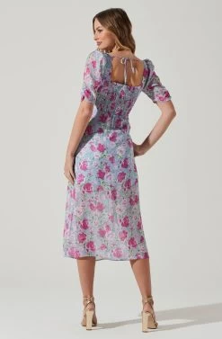 Floral Front Slit Milkmaid Midi Dress -Chic Outfit Shop ADR100913 BLUEMAGENTAFLORAL 6