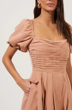 Short Bubble Sleeve Dress -Chic Outfit Shop ADR100920 TAN 4