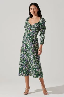 Floral Long Sleeve Twist Keyhole Front Midi Dress 10 Floral Long Sleeve Twist Keyhole Front Midi Dress -Chic Outfit Shop ADR100972 GREENPURPLEFLORAL 1