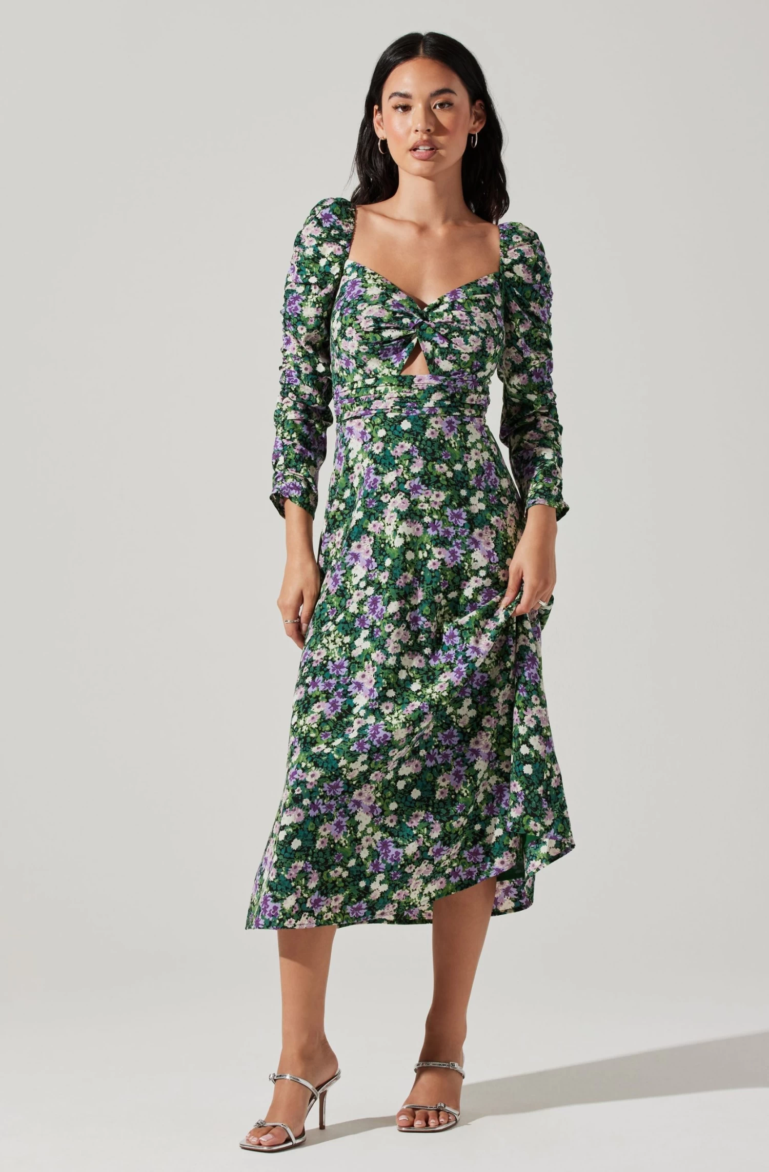 Floral Long Sleeve Twist Keyhole Front Midi Dress 3 Floral Long Sleeve Twist Keyhole Front Midi Dress