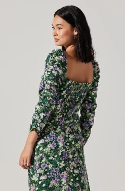 Floral Long Sleeve Twist Keyhole Front Midi Dress 12 Floral Long Sleeve Twist Keyhole Front Midi Dress -Chic Outfit Shop ADR100972 GREENPURPLEFLORAL 5