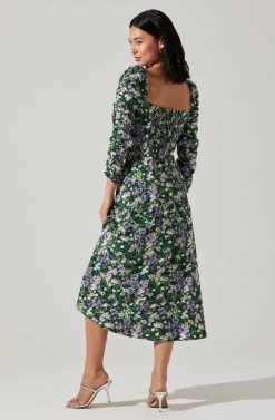 Floral Long Sleeve Twist Keyhole Front Midi Dress 13 Floral Long Sleeve Twist Keyhole Front Midi Dress -Chic Outfit Shop ADR100972 GREENPURPLEFLORAL 6