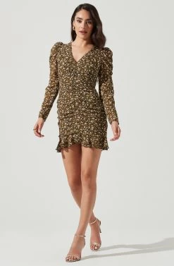 Long Sleeve Ruched Center Dress 12 Long Sleeve Ruched Center Dress -Chic Outfit Shop ADR101034 BLACKMULTIFLORAL 1