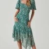 Floral Short Sleeve Asymmetrical Hem Midi Dress -Chic Outfit Shop ADR101039 GREENMULTI 1