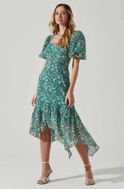 Floral Short Sleeve Asymmetrical Hem Midi Dress -Chic Outfit Shop ADR101039 GREENMULTI 2