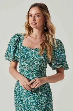 Floral Short Sleeve Asymmetrical Hem Midi Dress -Chic Outfit Shop ADR101039 GREENMULTI 3