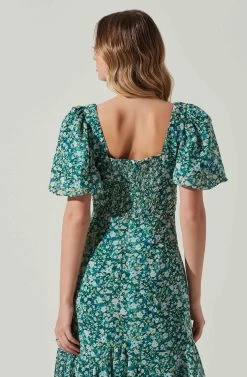 Floral Short Sleeve Asymmetrical Hem Midi Dress -Chic Outfit Shop ADR101039 GREENMULTI 5