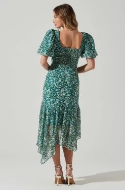 Floral Short Sleeve Asymmetrical Hem Midi Dress -Chic Outfit Shop ADR101039 GREENMULTI 6