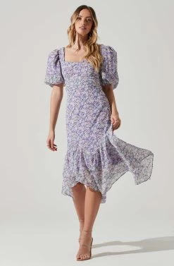 Floral Short Sleeve Asymmetrical Hem Midi Dress -Chic Outfit Shop ADR101039 PURPLEMULTIFLORAL 1