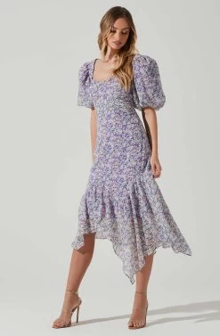 Floral Short Sleeve Asymmetrical Hem Midi Dress -Chic Outfit Shop ADR101039 PURPLEMULTIFLORAL 2