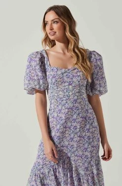 Floral Short Sleeve Asymmetrical Hem Midi Dress -Chic Outfit Shop ADR101039 PURPLEMULTIFLORAL 3