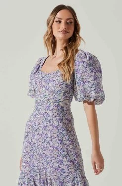 Floral Short Sleeve Asymmetrical Hem Midi Dress -Chic Outfit Shop ADR101039 PURPLEMULTIFLORAL 4