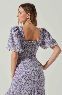 Floral Short Sleeve Asymmetrical Hem Midi Dress -Chic Outfit Shop ADR101039 PURPLEMULTIFLORAL 5