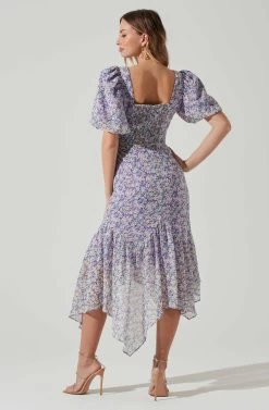 Floral Short Sleeve Asymmetrical Hem Midi Dress -Chic Outfit Shop ADR101039 PURPLEMULTIFLORAL 6
