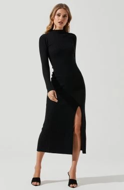 Long Sleeve Hi Slit Midi Sweater Dress -Chic Outfit Shop ADR101085 BLACK 0817