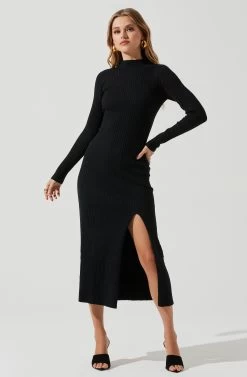 Long Sleeve Hi Slit Midi Sweater Dress -Chic Outfit Shop ADR101085 BLACK 0818
