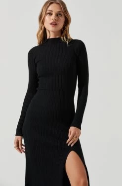 Long Sleeve Hi Slit Midi Sweater Dress -Chic Outfit Shop ADR101085 BLACK 0830