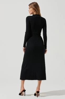 Long Sleeve Hi Slit Midi Sweater Dress -Chic Outfit Shop ADR101085 BLACK 0831