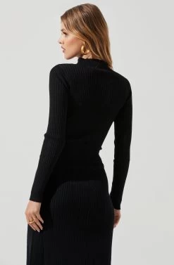 Long Sleeve Hi Slit Midi Sweater Dress -Chic Outfit Shop ADR101085 BLACK 0835