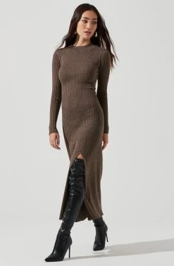 Long Sleeve Hi Slit Midi Sweater Dress -Chic Outfit Shop ADR101085 BROWN 0443
