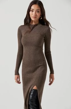 Long Sleeve Hi Slit Midi Sweater Dress -Chic Outfit Shop ADR101085 BROWN 0445