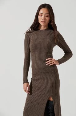 Long Sleeve Hi Slit Midi Sweater Dress -Chic Outfit Shop ADR101085 BROWN 0448