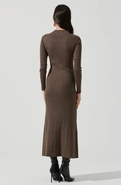 Long Sleeve Hi Slit Midi Sweater Dress -Chic Outfit Shop ADR101085 BROWN 0449