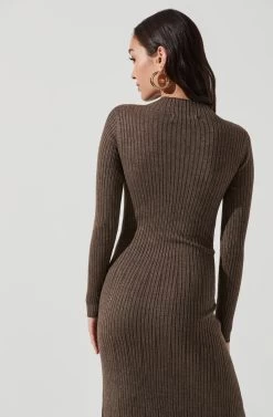 Long Sleeve Hi Slit Midi Sweater Dress -Chic Outfit Shop ADR101085 BROWN 0454