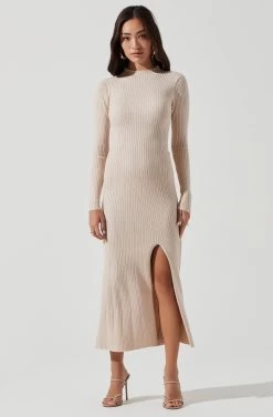 Long Sleeve Hi Slit Midi Sweater Dress -Chic Outfit Shop ADR101085 CREAM 0515