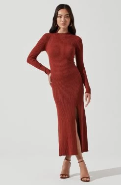 Long Sleeve Hi Slit Midi Sweater Dress -Chic Outfit Shop ADR101085 RUST 0290