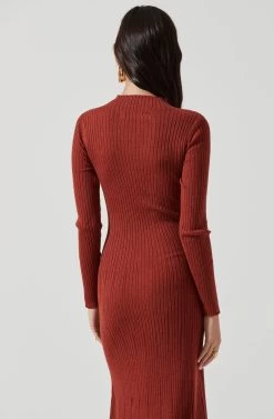 Long Sleeve Hi Slit Midi Sweater Dress -Chic Outfit Shop ADR101085 RUST 0309