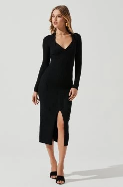 Long Sleeve Twist Front Sweater Dress 15 Long Sleeve Twist Front Sweater Dress -Chic Outfit Shop ADR101099 BLACK 0843