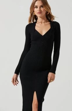 Long Sleeve Twist Front Sweater Dress 16 Long Sleeve Twist Front Sweater Dress -Chic Outfit Shop ADR101099 BLACK 0845