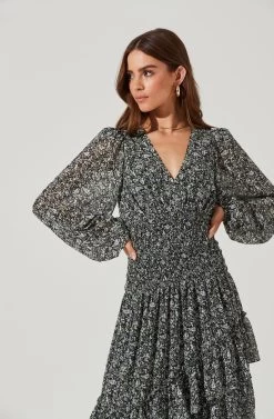 Long Sleeve Asymmetrical Multi Ruffle Floral Midi Dress -Chic Outfit Shop ADR101117 BLACKPURPLEFLORAL 0835