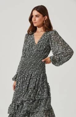 Long Sleeve Asymmetrical Multi Ruffle Floral Midi Dress -Chic Outfit Shop ADR101117 BLACKPURPLEFLORAL 0839