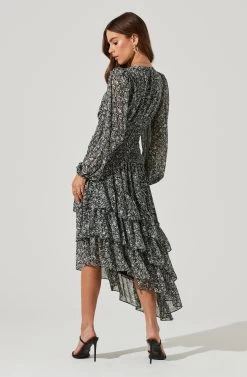 Long Sleeve Asymmetrical Multi Ruffle Floral Midi Dress -Chic Outfit Shop ADR101117 BLACKPURPLEFLORAL 0841