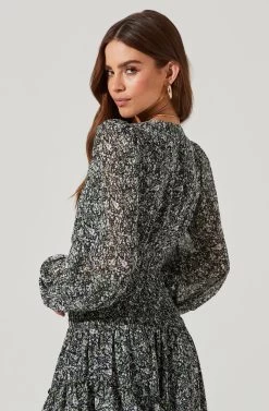 Long Sleeve Asymmetrical Multi Ruffle Floral Midi Dress -Chic Outfit Shop ADR101117 BLACKPURPLEFLORAL 0844