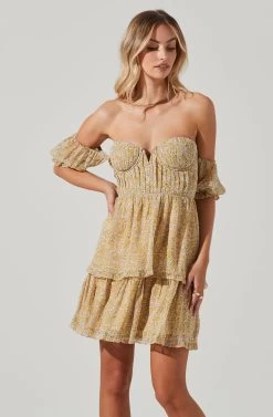 Off Shoulder Two Tier Floral Mini Dress -Chic Outfit Shop ADR101294 YELLOWMULTIFLORAL 01441