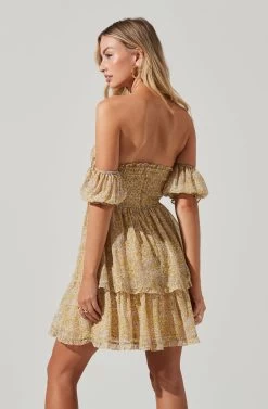 Off Shoulder Two Tier Floral Mini Dress -Chic Outfit Shop ADR101294 YELLOWMULTIFLORAL 01501