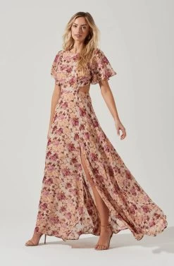 Katrina Floral Cutout Flutter Sleeve Maxi Dress -Chic Outfit Shop ADR101301 TAUPEFUCHSIAFLORAL 0185