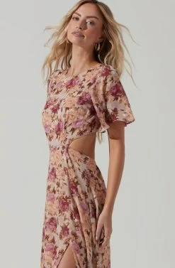 Katrina Floral Cutout Flutter Sleeve Maxi Dress -Chic Outfit Shop ADR101301 TAUPEFUCHSIAFLORAL 0196copy