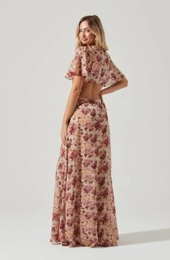 Katrina Floral Cutout Flutter Sleeve Maxi Dress -Chic Outfit Shop ADR101301 TAUPEFUCHSIAFLORAL 0202