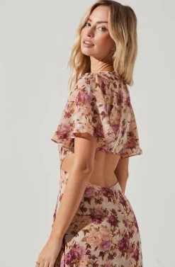 Katrina Floral Cutout Flutter Sleeve Maxi Dress -Chic Outfit Shop ADR101301 TAUPEFUCHSIAFLORAL 0207