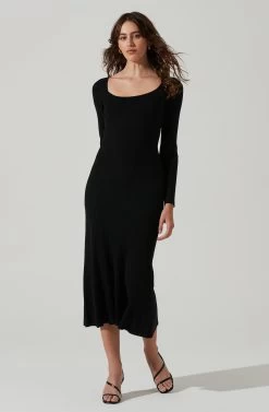 Long Sleeve Cutout Midi Dress -Chic Outfit Shop ADR101428 BLACK 1