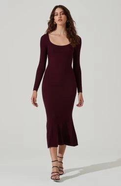 Long Sleeve Cutout Midi Dress -Chic Outfit Shop ADR101428 RAISIN 1