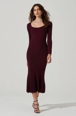 Long Sleeve Cutout Midi Dress -Chic Outfit Shop ADR101428 RAISIN 2