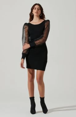 Organza Long Sleeve Mini Dress 10 Organza Long Sleeve Mini Dress -Chic Outfit Shop ADR101464 BLACK 2