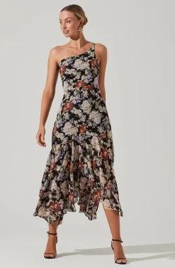 Emmylou Floral One Shoulder Midi Dress -Chic Outfit Shop ADR101528 BLACKFLORAL 1